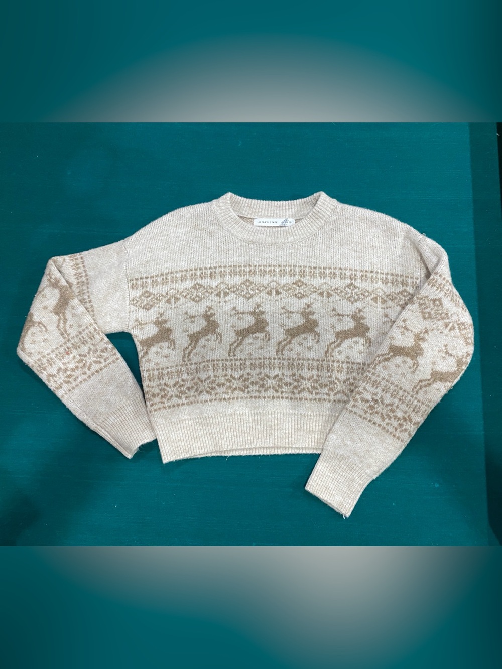 Altar'd State Cream & Tan Reindeer Fair Isle Crewneck Sweater